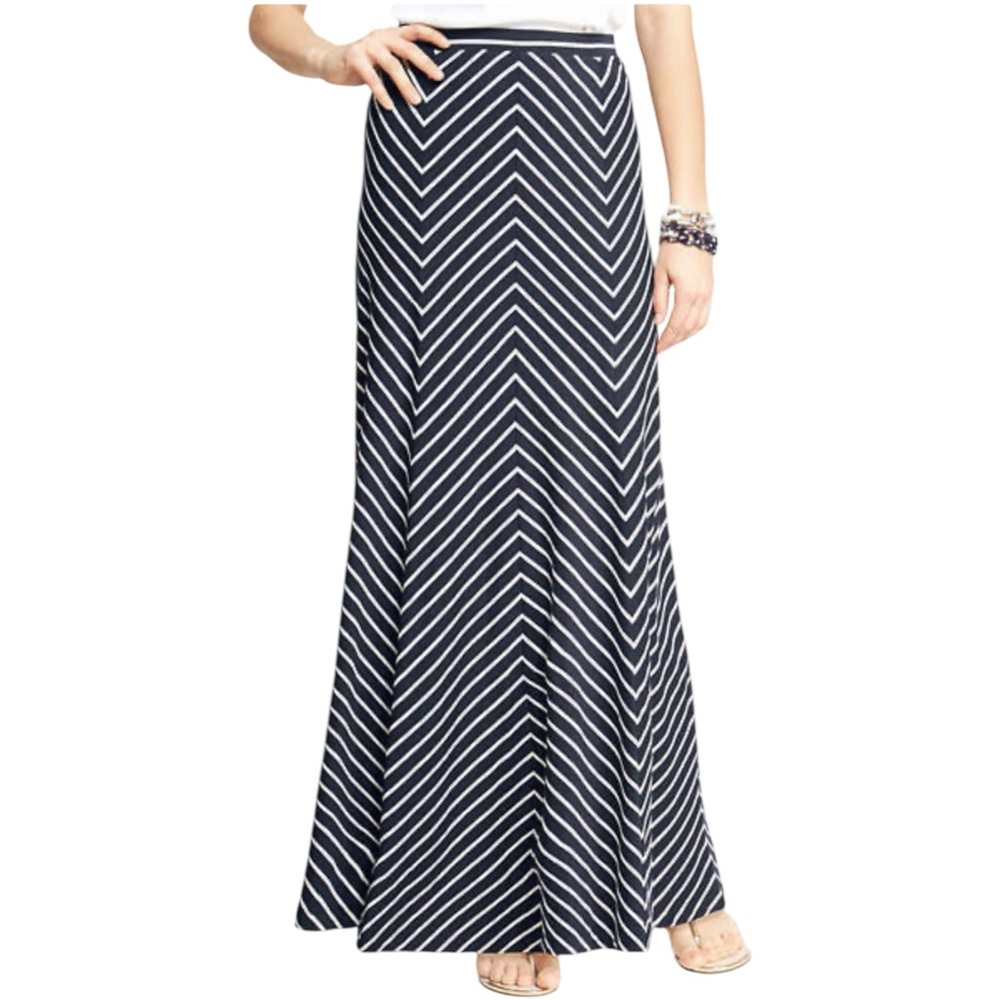 Ann Taylor Navy White Chevron Striped Maxi Skirt Flowy A-Line Jersey